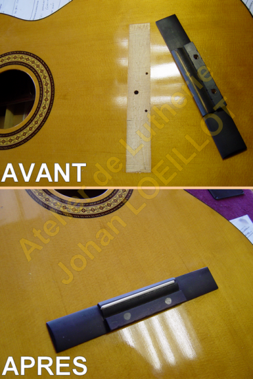 Re-collage d'un chevalet de guitare classique